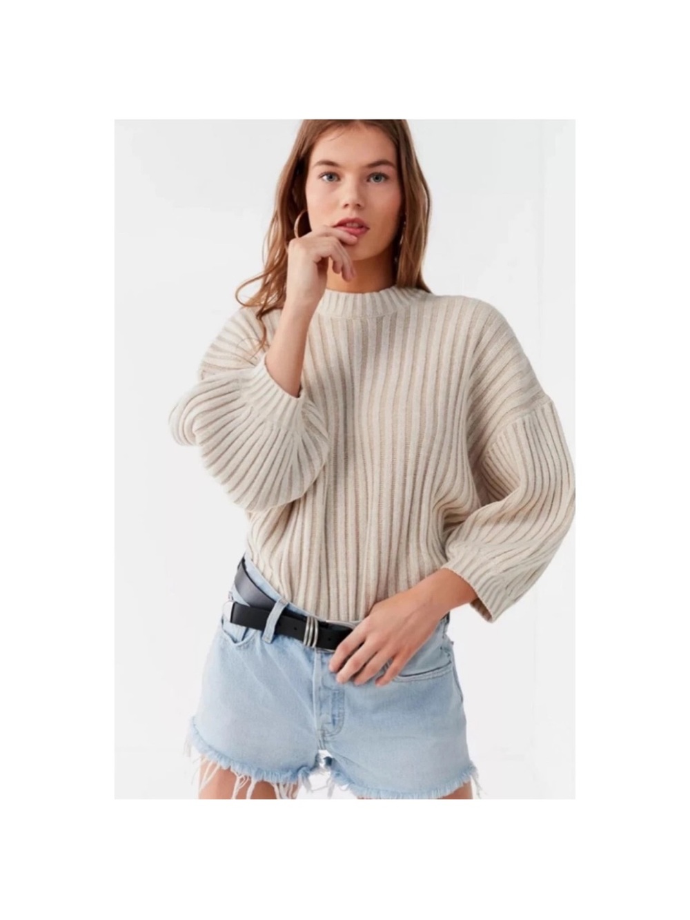 Urban Outfitters Oversized Ribbed Crewneck Sweater - Beige